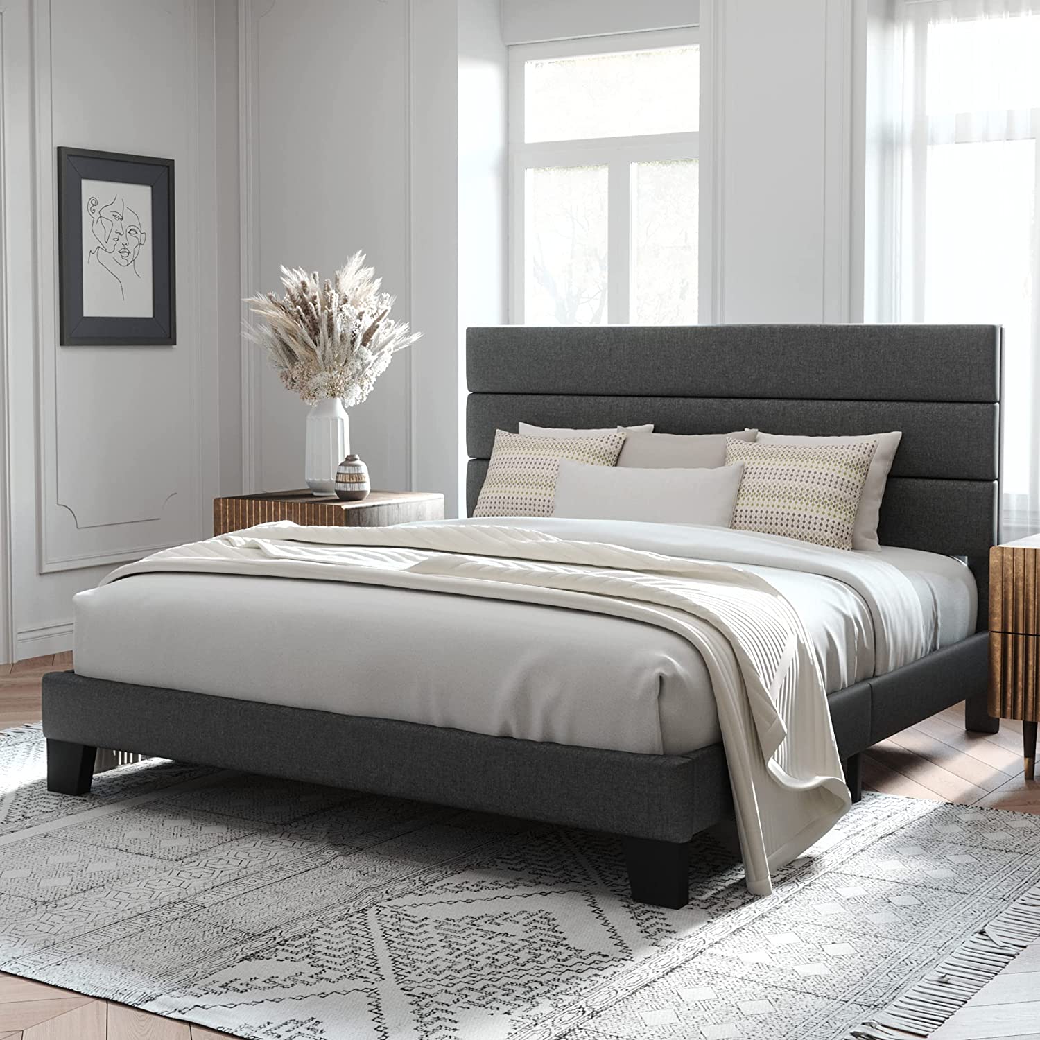 King Size Platform Bed Frame with Fabric Upholstered Headboard and Wooden Slats Support